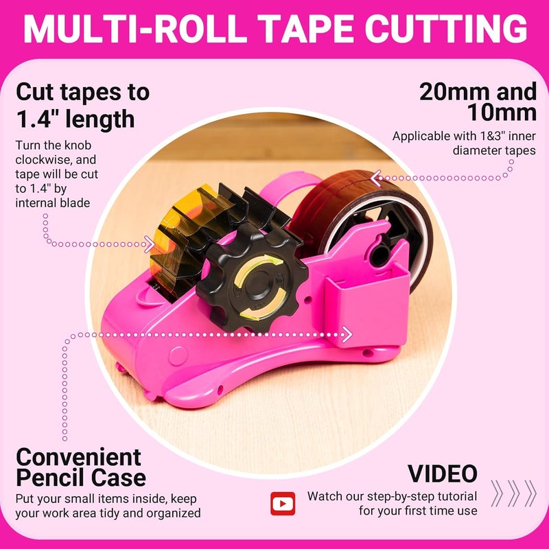 ThinkLearn Heat Tape Dispenser - Sublimation Heat Transfer Tape Dispenser with Scissors and Utility Knife, 1 '' & 3'' Core, Multi-Roll Pre-Cut Tape Dispenser for Crafting, PreCut 1.4'' Pieces, Pink - Image 2
